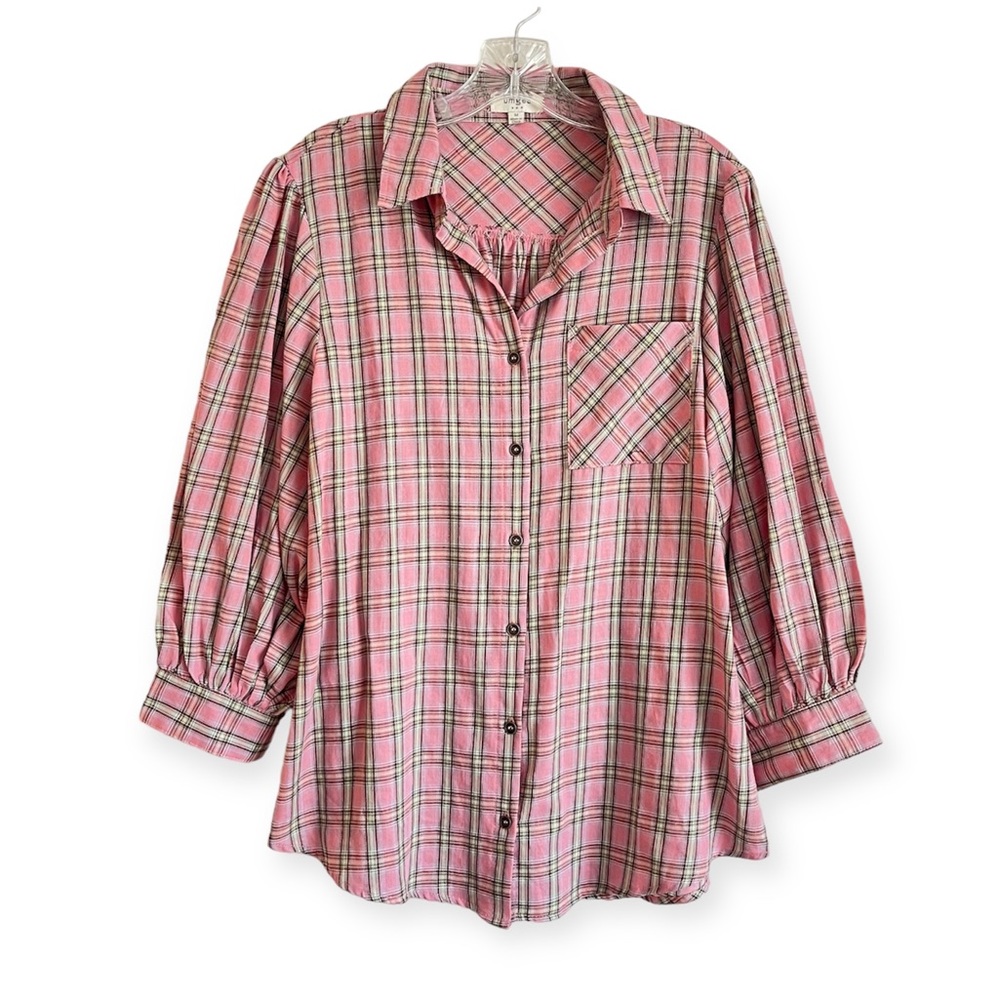 Umgee Plaid Button Down Shirt In Pink 3/4 Balloon Sleeve (G1)